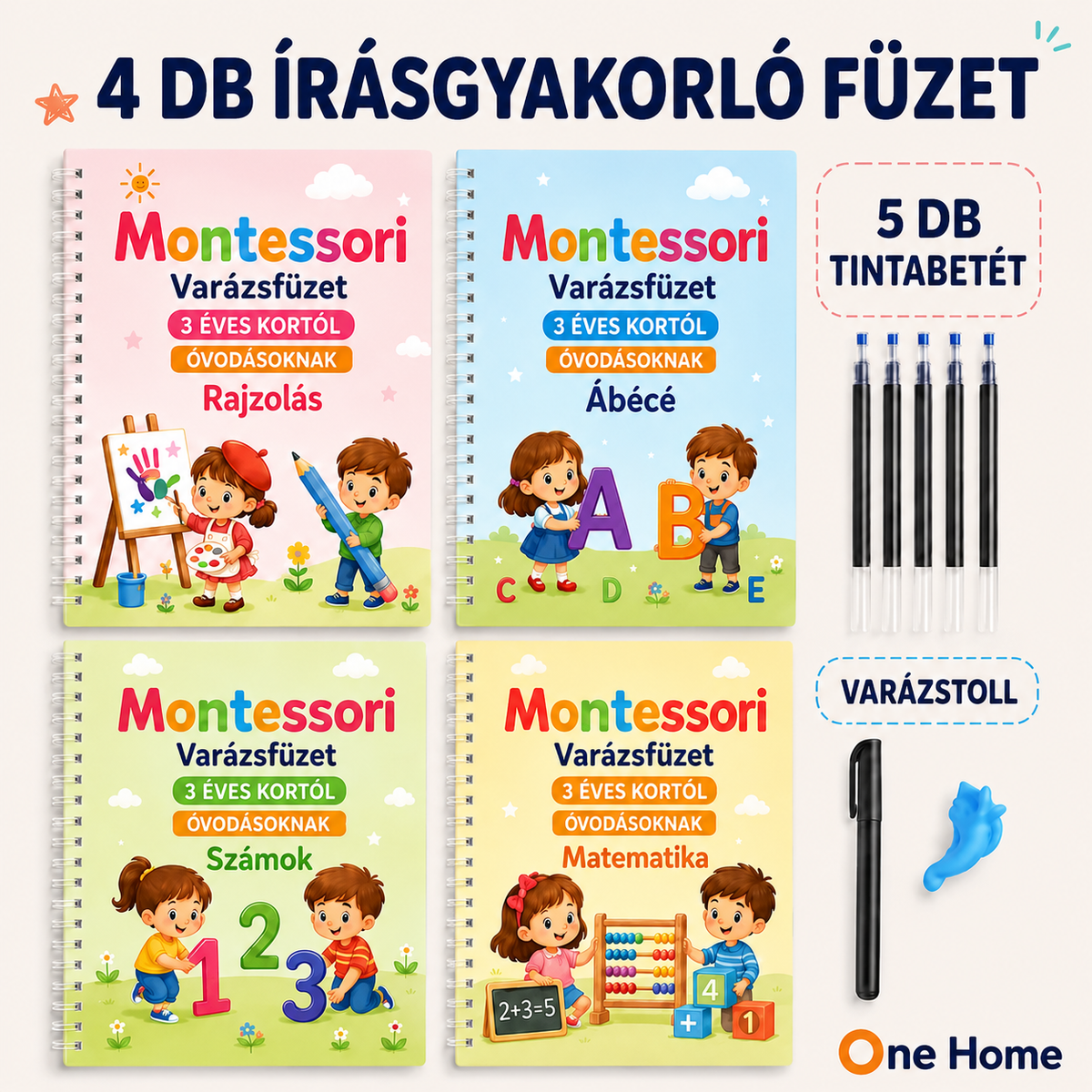 Újrahasználható írásgyakorló füzetkészlet gyerekeknek – 4 db